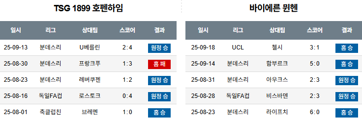 해외축구 경기분석 | 2025년 9월 20일 호펜하임 vs 바이에른 뮌헨